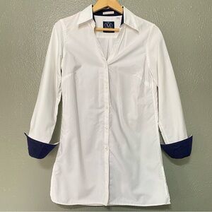 Cotton White V-Neck Tunic with Navy Cuffs